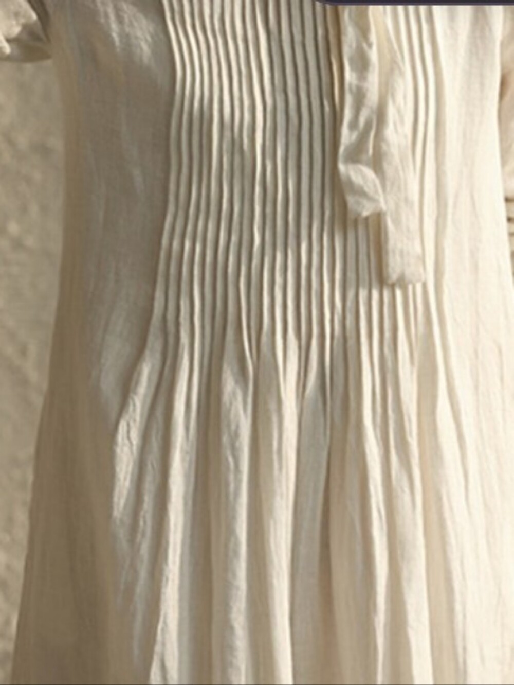 Slow Fashion Cream Pleated Tie-Neck Dress Cotton Linen